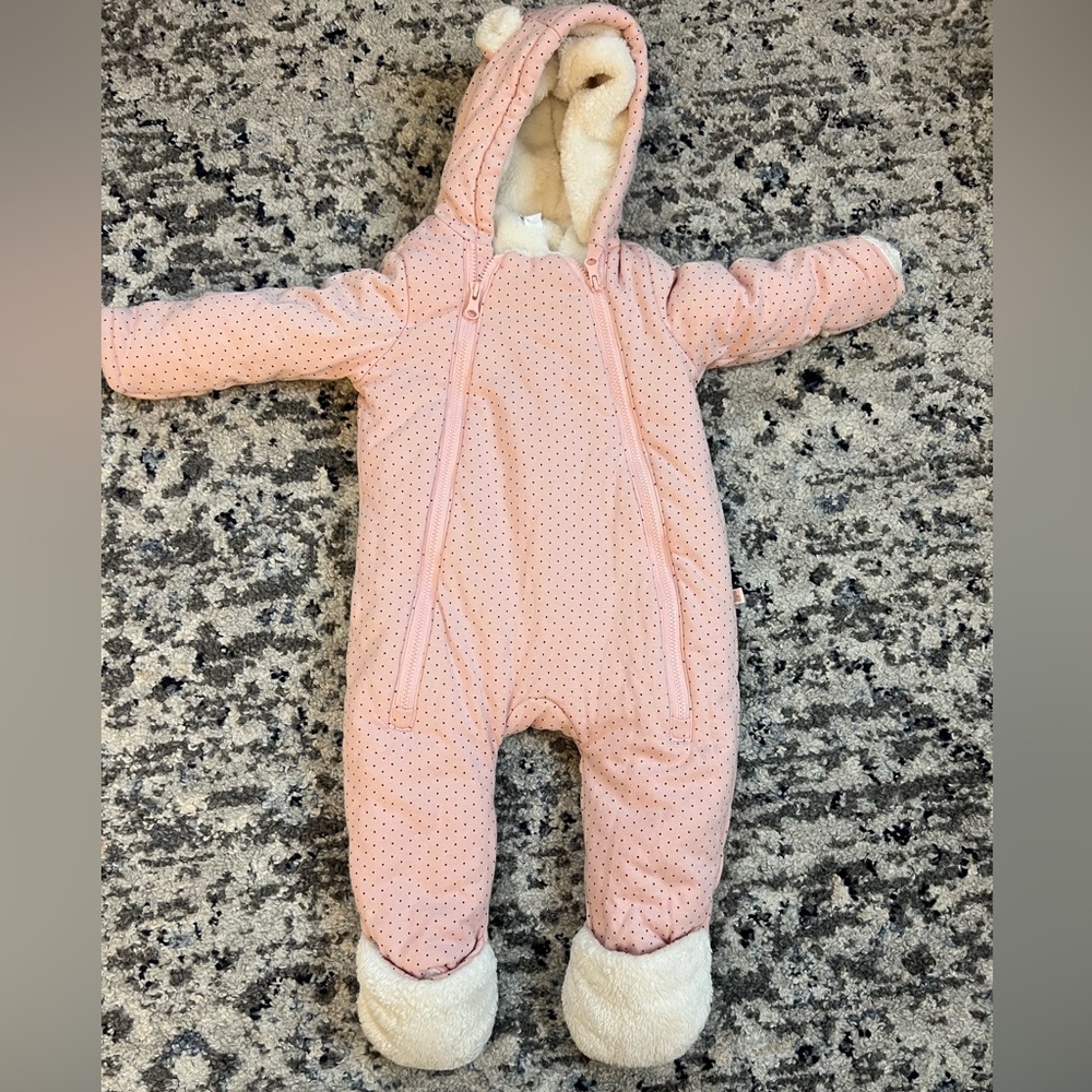Baby Gap sherpa-lined pink polka dot bear one-piece snowsuit